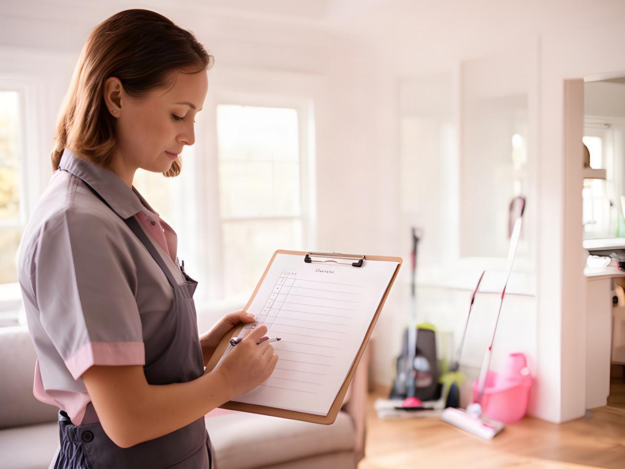 Cleaning professional reviewing a service checklist at a bright Clarksville home