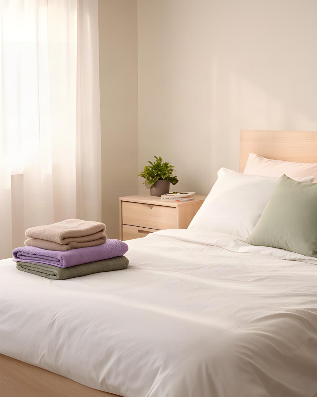 Freshly made bed in a tidy Clarksville bedroom with folded towels and an organized nightstand