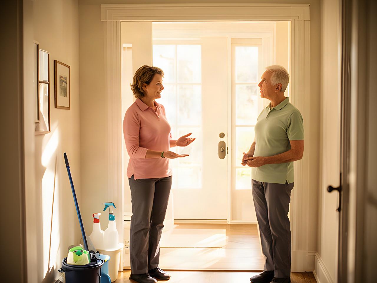 Cleaning professional speaking with a homeowner near a sunlit entryway in Clarksville