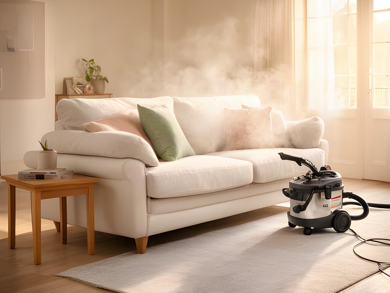 Freshly steamed light sofa in a sunlit living room after upholstery cleaning